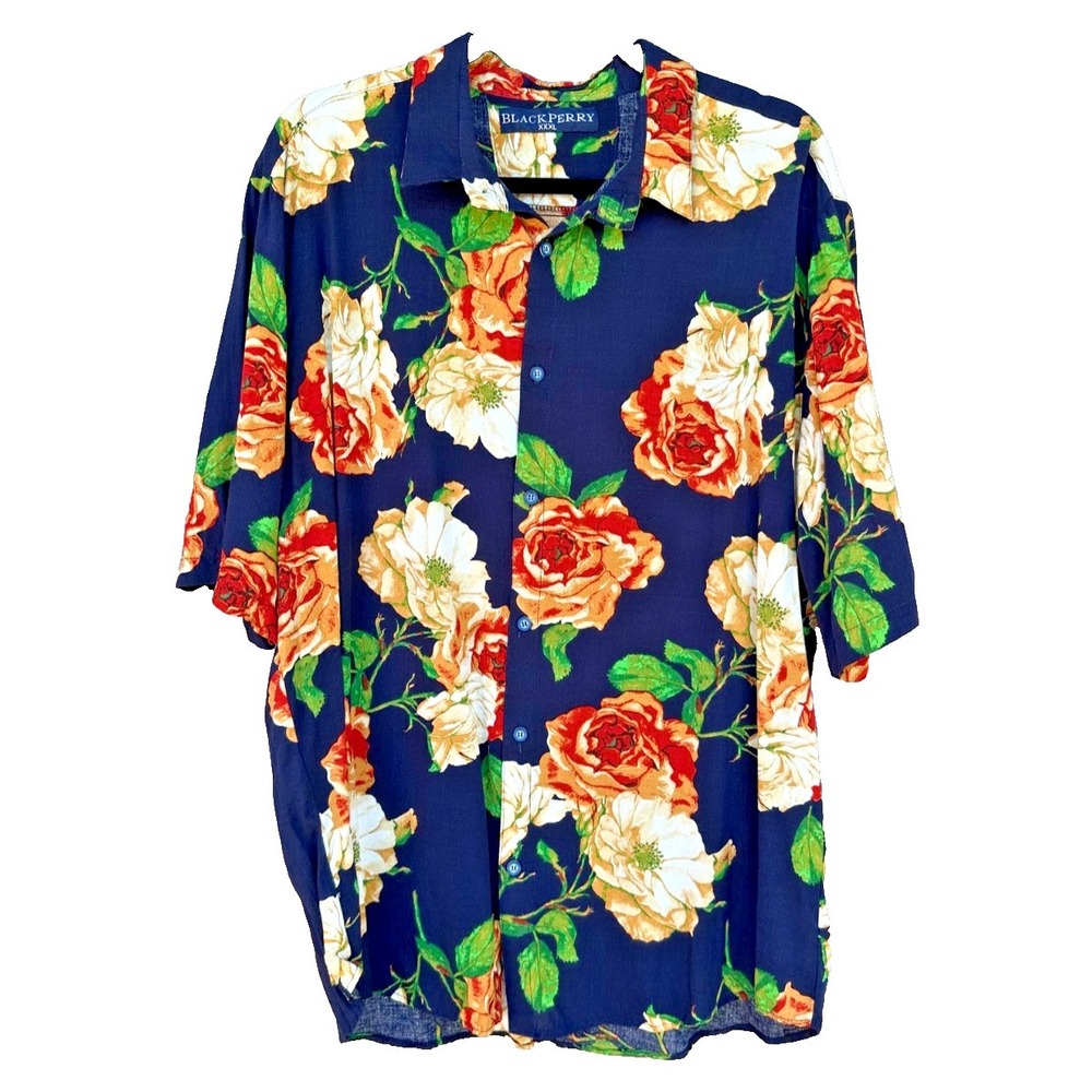 Blackberry Tropical Button-Down Casual Shirt Mens Hawaiian XXL Navy Floral Luau